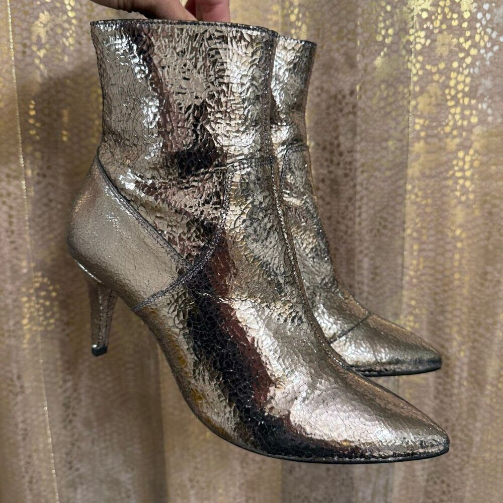 Free People Lexi Metallic Leather Heel Ankle Boot Cracked Silver Finish 40 10